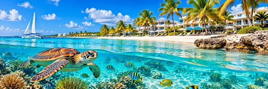 Sea turtle swimming among colorful tropical fish and coral reefs beneath turquoise waters, with luxury beachfront resorts in the Cayman Islands, Greater Antilles.
