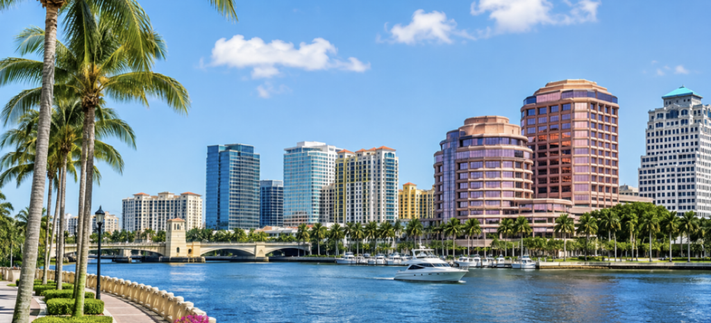 West Palm Beach Florida waterfront with palm trees, blue water, yachts and downtown skyline on a sunny day.