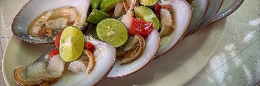 Fresh chocolate clams served with lime and salsa on a plate in Baja Mexico, showcasing a popular local seafood dish