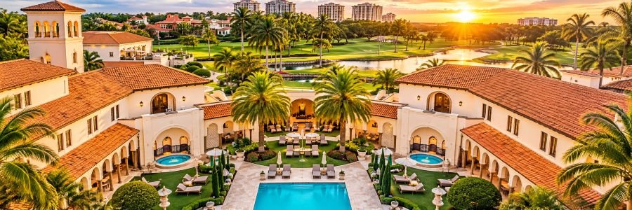 Luxury Mediterranean-style resort courtyard with terracotta roofs, palm trees, turquoise swimming pool, and manicured gardens at sunset.