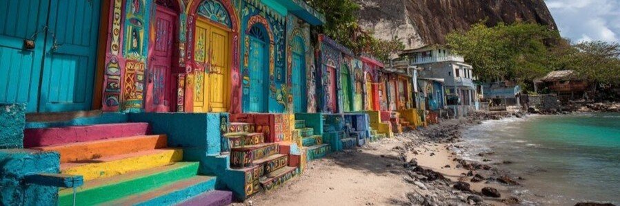 Brightly painted beachfront buildings beside a rocky tropical shoreline and turquoise water in Haiti.