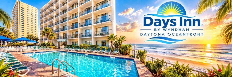 Days Inn by Wyndham Daytona Oceanfront | Beachfront Hotel Sparkling outdoor swimming pool beside a beachfront hotel, surrounded by lounge chairs, blue umbrellas, palm trees, and a golden sunset over the ocean.