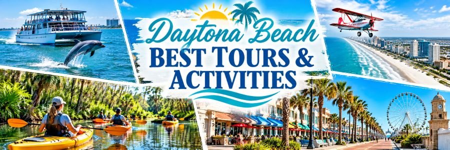 Daytona Beach | Best Tours & Activities Colorful travel collage featuring a dolphin jumping beside a sightseeing boat, kayakers on a scenic waterway, a red biplane, and coastal attractions.