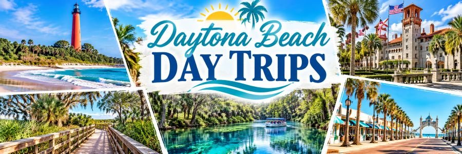 Best Day Trips from Daytona Beach Florida Daytona Beach day trips collage featuring coastal beaches, a historic lighthouse, St. Augustine architecture, scenic waterways, and nature trails.