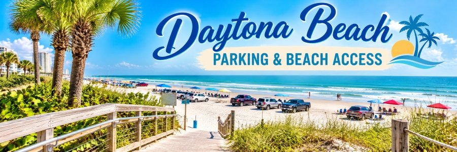 Daytona Beach | Parking & Beach Access Wooden walkway leading through coastal dunes to a sandy beach with parked cars, colorful umbrellas, palm trees, and turquoise ocean waves.