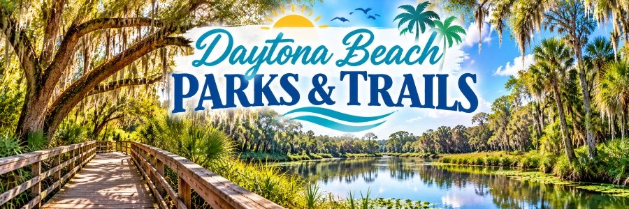 Daytona Beach Parks & Trails | Florida Nature Guide Daytona Beach parks and trails banner featuring a scenic wooden boardwalk, moss-covered oak trees, lush greenery, and peaceful Florida waterways.