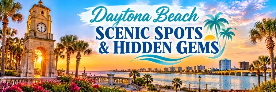 Daytona Beach Scenic Spots & Hidden Gems Historic stone clock tower surrounded by tropical palm trees, colorful flowers, and beautiful waterfront scenery at sunset.