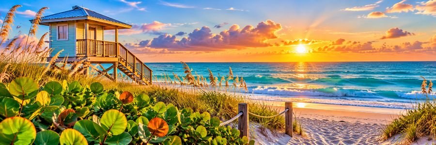 Delray Beach Florida with lifeguard tower, sandy dunes, sea grapes, and Atlantic Ocean views.