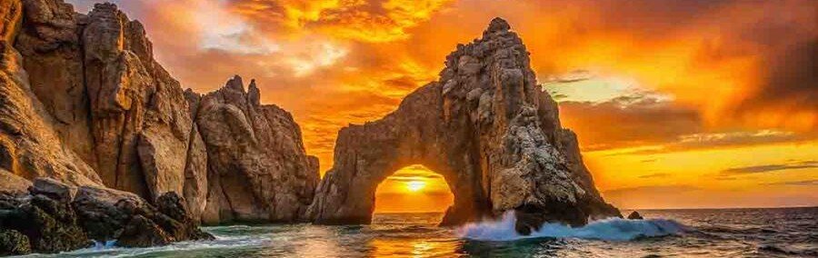 Fiery orange sunset glowing through El Arco as waves break against the granite formations at Land’s End.