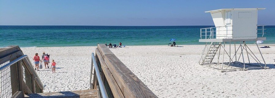 Emerald Coast Florida beach with white quartz sand and clear emerald Gulf water