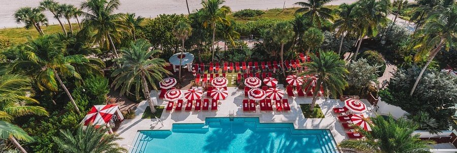 High angle view of the luxury swimming pool and signature red-and-white umbrellas at Faena Hotel Miami Beach surrounded by palm trees.