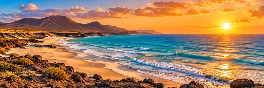 Panoramic sunset view of Fuerteventura beaches, featuring golden sand, turquoise Atlantic waters, volcanic mountains, and warm orange sunlight reflecting across the ocean.