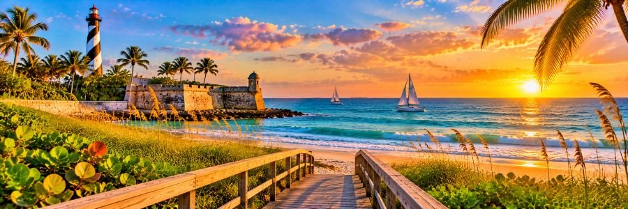Florida Atlantic Coast with turquoise ocean water, sandy beach, coastal boardwalk, lighthouse, and sailboats.