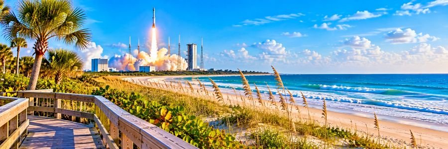 Florida Space Coast Beaches Space Coast beach with turquoise Atlantic water, sandy dunes, palm trees, and a rocket launching from Cape Canaveral.