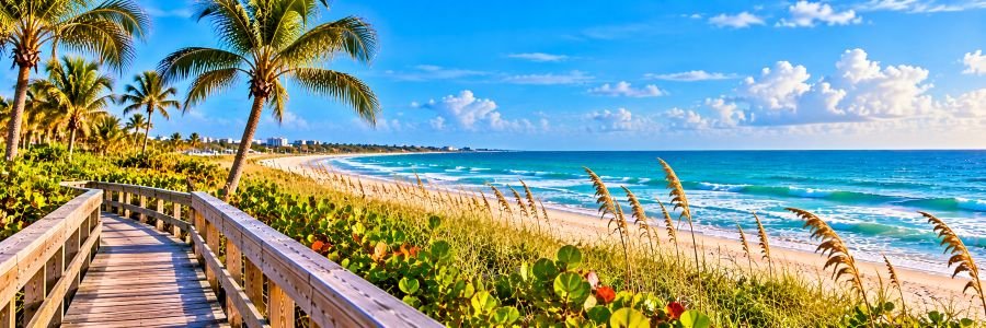 Florida Treasure Coast Beaches Treasure Coast beach with turquoise water, sandy shoreline, palm trees, sea oats, and a wooden coastal boardwalk.
