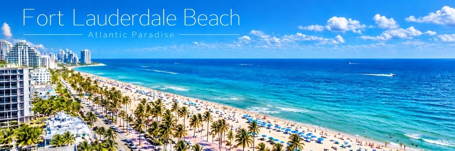 Panoramic view of Fort Lauderdale Beach featuring turquoise Atlantic waters, golden sand, colorful beach umbrellas, and a palm-lined beachfront promenade.