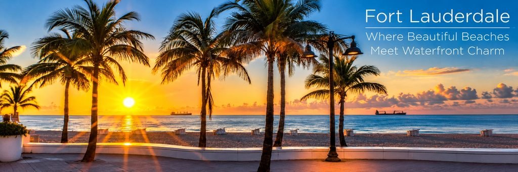 Fort Lauderdale beach at golden sunset with tropical palm trees, a scenic waterfront promenade, and calm Atlantic waters.