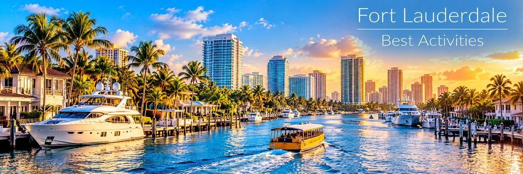 Fort Lauderdale Water Taxi cruising along a scenic canal surrounded by luxury yachts, tropical palms, and waterfront homes at sunset.