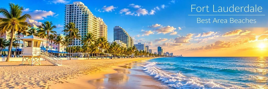 Palm-lined sandy shoreline with a white lifeguard tower, beachfront hotels, and turquoise Atlantic waves.