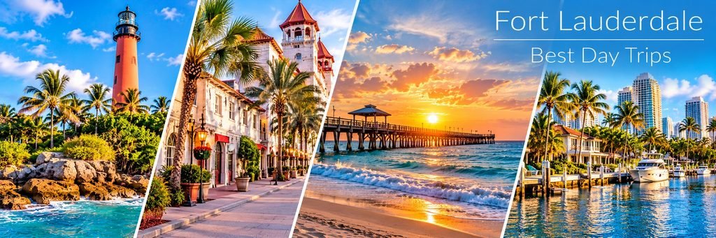 Fort Lauderdale day trips collage featuring a coastal lighthouse, palm-lined architecture, sunset beach pier, and waterfront marina.
