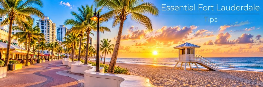 Fort Lauderdale beach at sunset with a palm-lined promenade, waterfront cafés, golden sand, and a white lifeguard tower.