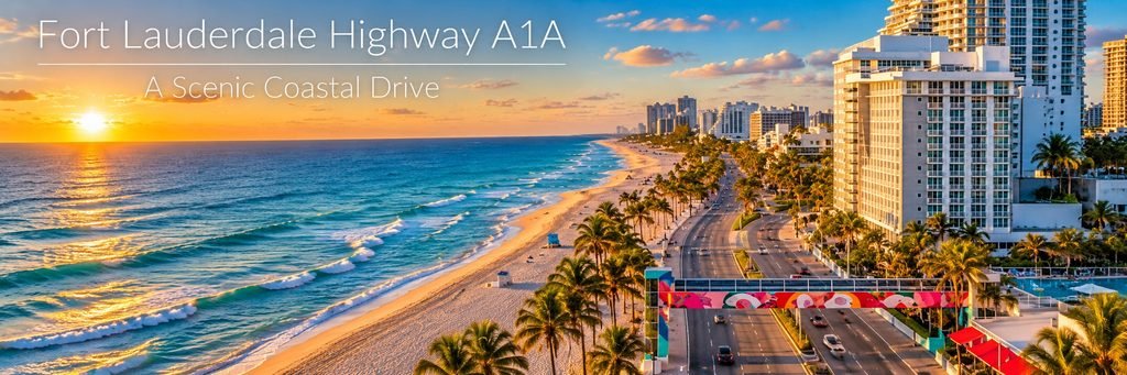Fort Lauderdale Highway A1A winding along the Atlantic coastline beside sandy beaches, palm trees, and oceanfront hotels.