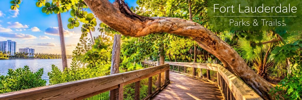 Fort Lauderdale parks and trails featuring a wooden boardwalk beneath a sprawling tropical tree, lush greenery, and peaceful waterfront views.