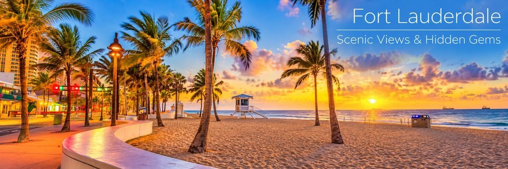 Fort Lauderdale beachfront promenade lined with tropical palm trees, glowing streetlights, and golden sunset views over the Atlantic Ocean.