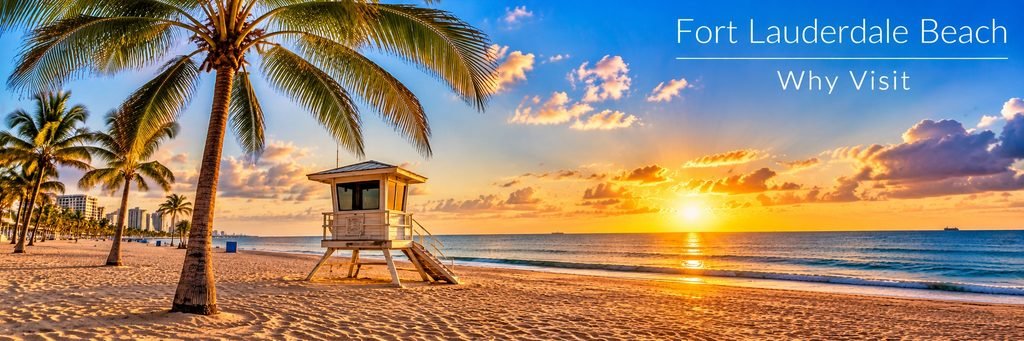Golden sunset over a sandy beach with tropical palm trees, a lifeguard tower, and gentle Atlantic waves.