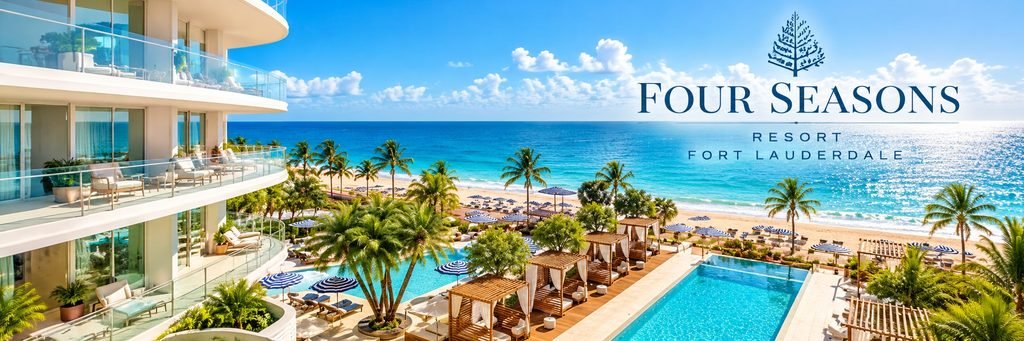 Luxury beachfront hotel with curved glass balconies, turquoise swimming pools, private cabanas, tropical palms, and ocean views.