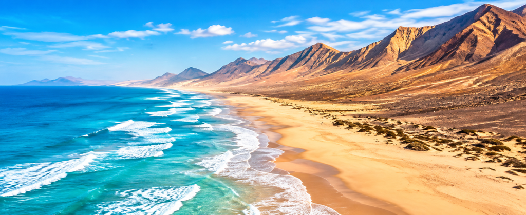 Panoramic aerial illustration of Fuerteventura beaches with golden sand, turquoise Atlantic waves, and dramatic volcanic mountains along the Canary Islands coastline.