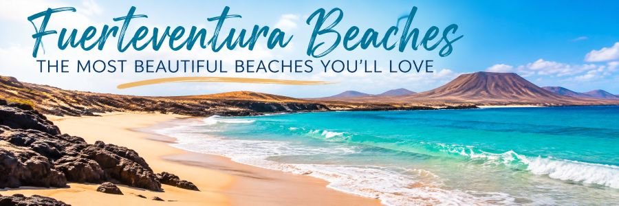 Panoramic view of Fuerteventura beaches featuring golden sand, turquoise Atlantic waters, volcanic rocks, and rugged mountains in the Canary Islands.
