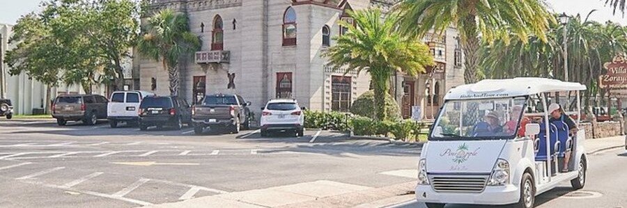 Shuttle transportation traveling through the historic district of St Augustine, Florida.