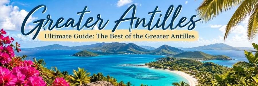 Panoramic Greater Antilles Caribbean island scenery featuring turquoise water, lush green mountains, sandy beaches, and tropical palm trees.