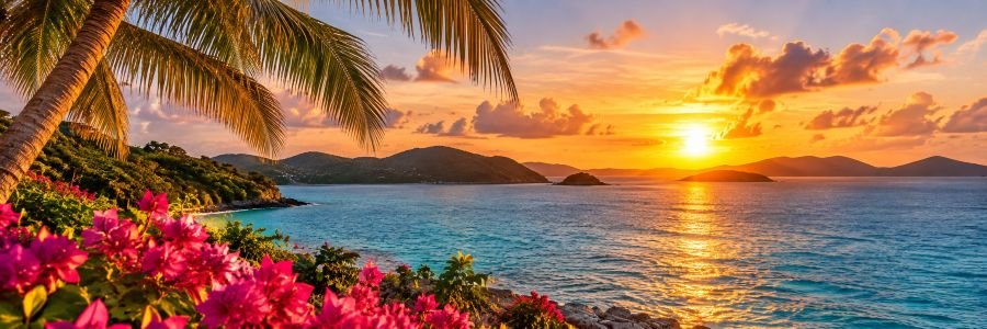Golden Caribbean sunset over turquoise water and tropical islands, framed by palm trees and vibrant pink flowers.