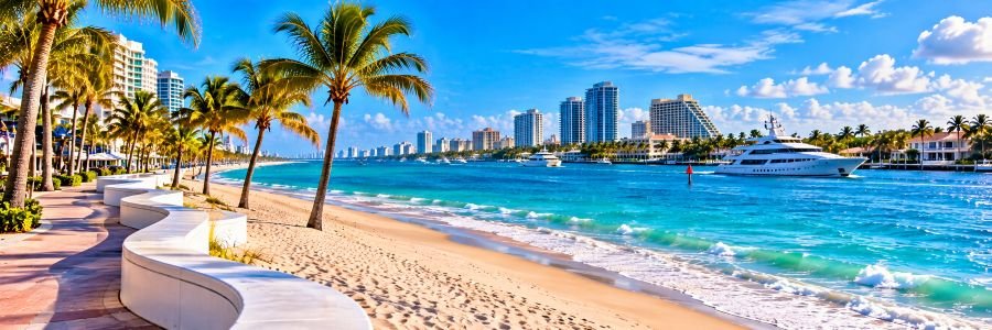 Greater Fort Lauderdale & Broward County Greater Fort Lauderdale beach with turquoise water, palm-lined shoreline, luxury yachts, and waterfront hotels.