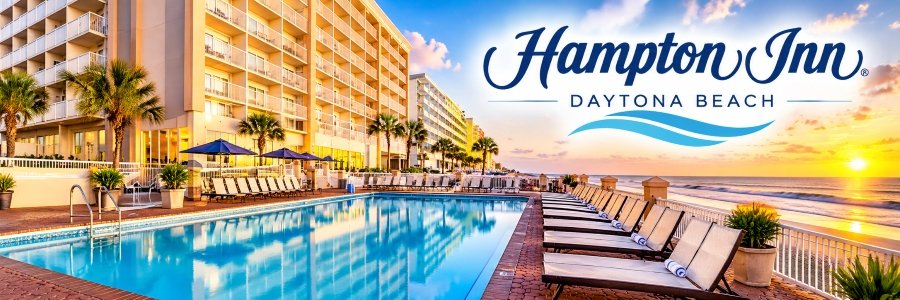 Hampton Inn Daytona Beach/Beachfront | Oceanfront Hotel Oceanfront hotel swimming pool surrounded by lounge chairs, palm trees, and blue umbrellas, with waves rolling onto the beach at sunset.