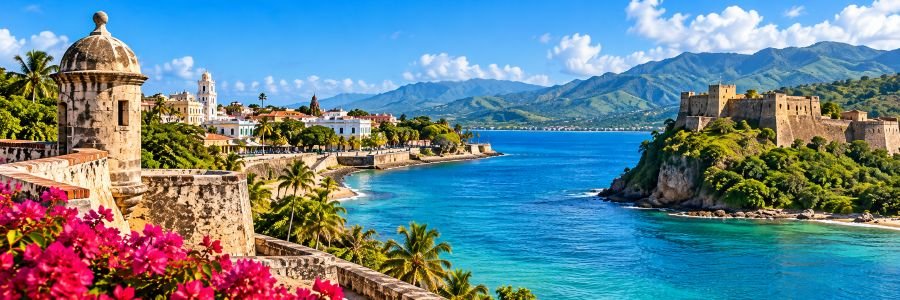 Panoramic Caribbean coastal scenery with historic stone fortresses, colorful colonial buildings, turquoise water, palm trees, and lush mountains representing Hispaniola.