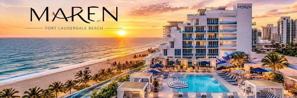 Modern white beachfront hotel overlooking a turquoise swimming pool, striped umbrellas, tropical palm trees, and a golden ocean sunset.