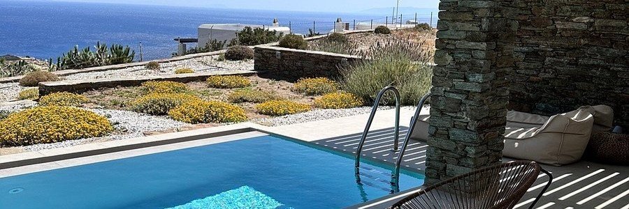 Private pool terrace at Iliades Luxury Boutique Suites on Andros Island, Greece.