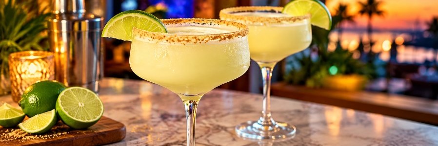 Two creamy Key Lime Martinis with graham cracker rims and fresh lime garnishes at a New Smyrna Beach cocktail bar.