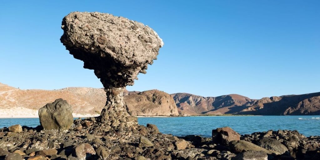The famous mushroom rock formation at Balandra Beach in La Paz, Mexico, standing on a rocky shoreline with turquoise water and desert mountains in the background under a bright blue sky