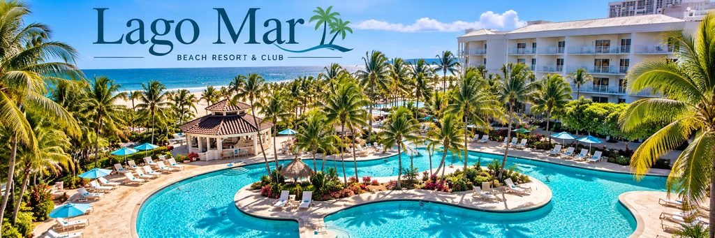 Aerial view of turquoise resort swimming pools surrounded by tropical palm trees, lounge chairs, lush gardens, and a beachfront hotel.