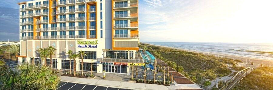Margaritaville Beach Hotel overlooking Jacksonville Beach with ocean views and direct beach access.