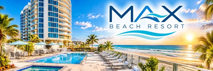 Modern beachfront resort with curved glass balconies, a sparkling swimming pool, palm trees, lounge chairs, and ocean views at sunset.