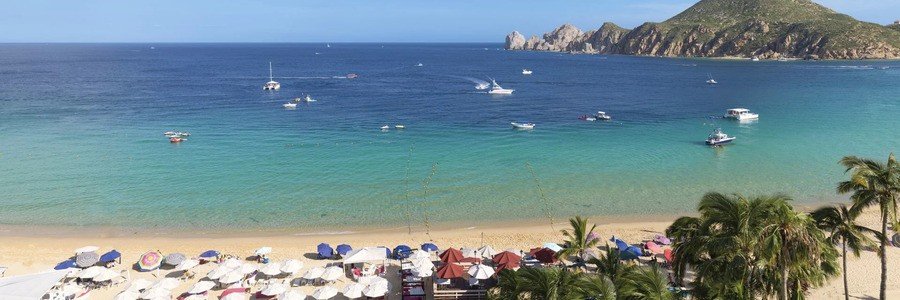 Aerial view of Medano Beach in Cabo San Lucas with colorful beach umbrellas, palm trees in the foreground, clear turquoise water, and multiple boats floating near the shoreline with rocky cliffs in the distance
