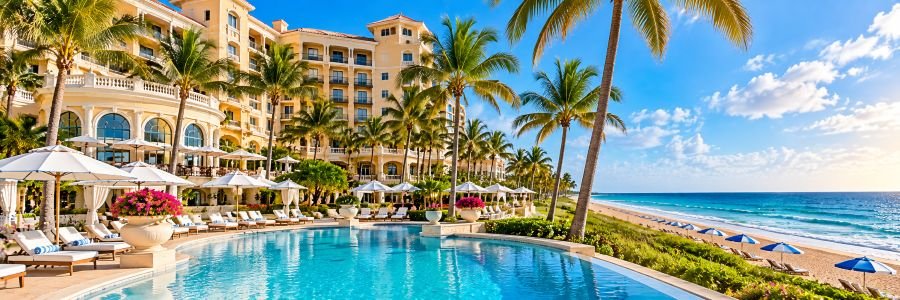 Eau Palm Beach Resort & Spa with a tropical pool, palm trees, and Atlantic Ocean beachfront
