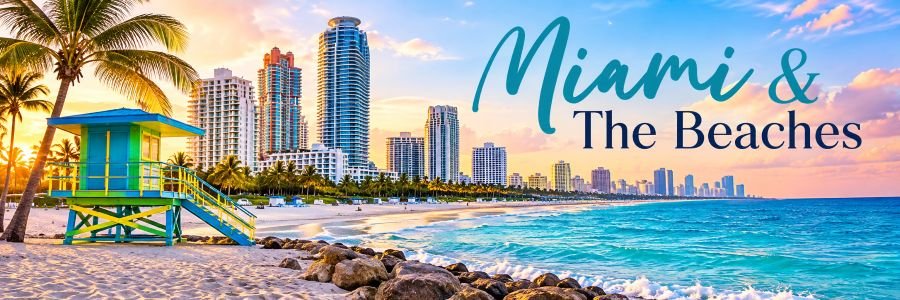 Miami & The Beaches | Florida Atlantic Coast Miami and the Beaches along the Florida Atlantic Coast with turquoise water, sandy beach, colorful lifeguard tower, palm trees, and Miami skyline.