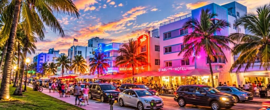 Miami Beach Ocean Drive along the Florida Atlantic Coast with colorful Art Deco hotels, palm trees, restaurants, and vibrant nightlife.