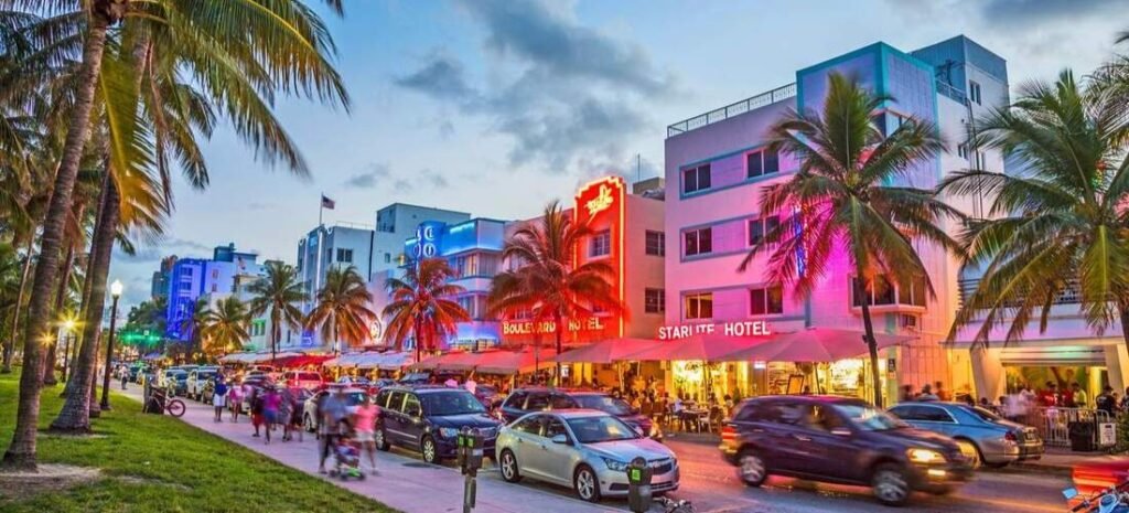 Neon lights at night on Ocean Drive hotels in Miami Beach Florida. A great destination along the Florida Atlantic Coast.